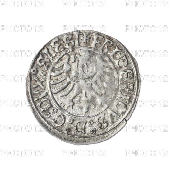 Obverse: Half-figure of Frederick II (Duke of Brzeg-Legnica; 1480–1547); in the rim between the pearl borders the inscription +FRIDERICVS:D:G:DVX:SLESI and Silesian eagle (iconographic). Reverse: Half-figure of Saint Jadwiga of Silesia (Saint; 1174–1243) holding an image of a church; in the rim between the pearl borders the inscription +MONETA:DVCIS:LEGNICENSI. Coin, 1505–1547; Silesia, Duchy of Brzeg-Legnica-Wolów, Legnica; diameter 25.4 mm; weight 2.21 g; axis 110°.