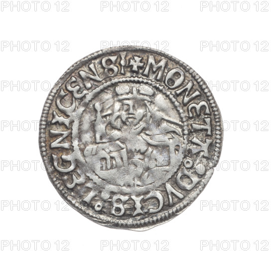 Frederick II (Duke of Brzeg-Legnica; 1480–1547); Jadwiga of Silesia (Saint; 1174–1243); eagles, Silesian eagle (iconographic); church model; message; obverse: half-figure of Frederick II; in rim between pearl borders the inscription '+FRIDERICVS:D:G:DVX:SLESI'; reverse: half-figure of Saint Jadwiga holding image of a church; in rim between pearl borders the inscription '+MONETA:DVCIS:LEGNICENSI'; date range 1505–1547; Silesia, Duchy of Brzeg-Legnica-Wolów, Legnica; coin; diameter 25.4 mm; weight 2.21 g; axis 110°.
