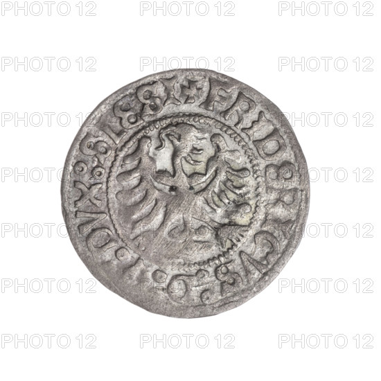 Frederick II (Duke of Brzeg-Legnica; 1480–1547); Jadwiga of Silesia (Saint; 1174–1243); eagles, Silesian eagle (iconographic); church model; coin with inscriptions: obverse in rim between pearl borders +FRIDERICVS:D:G:DVX:SLESI and half-figure of Saint Jadwiga holding a church with rim inscription +MONETA:DVCIS:LEGNICENS; dated 1505–1547; Silesia, Duchy of Brzeg-Legnica-Wolów, Legnica; silver coin; diameter 24.8 mm; weight 1.96 g; axis 315°.