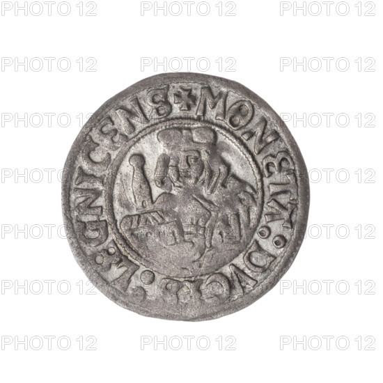 Frederick II (Duke of Brzeg-Legnica; 1480–1547); Jadwiga of Silesia (Saint; 1174–1243); motifs: Silesian eagle; church model; obverse: half-figure of Frederick II and Silesian Eagle; rim inscription +FRIDERICVS:D:G:DVX:SLESI; reverse: half-figure of Saint Jadwiga holding a model of a church; rim inscription +MONETA:DVCIS:LEGNICENS; date range 1505–1547; region: Silesia, Duchy of Brzeg-Legnica-Wolów, Legnica; object: coin; diameter 24.8 mm; weight 1.96 g; axis 315°.