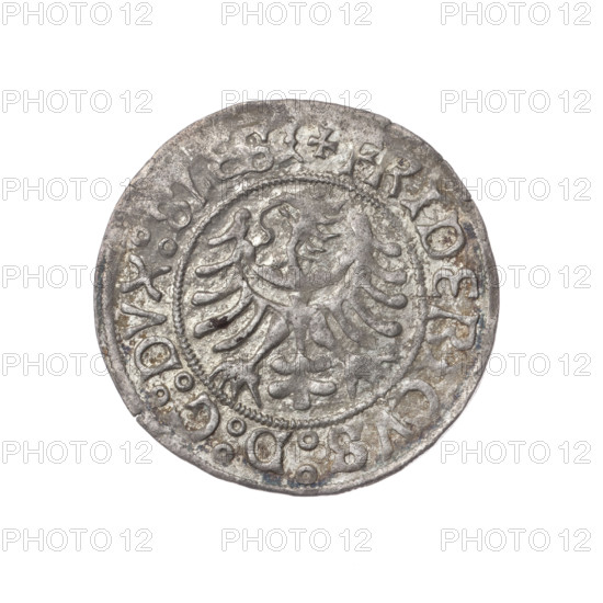 Frederick II (Duke of Brzeg-Legnica; 1480–1547); Jadwiga of Silesia (St.; 1174–1243); Jan Szymonski (1887–1954). Coin (diameter 25.2 mm, weight 2.16 g, axis 150°), Silesia, Duchy of Brzeg-Legnica-Wolów, Legnica, 1505–1547. Obverse: Silesian eagle (iconographic) and inscription in rim between pearl borders: +FRIDERICVS:D:G:DVX:SLESI. Reverse: Half-figure of Saint Jadwiga holding the image of a church and inscription in rim between pearl borders: +MONETA:DVCIS:LEGNICENS.