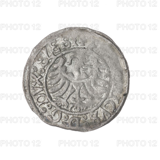 Frederick II (Duke of Brzeg-Legnica; 1480–1547); Saint Jadwiga of Silesia (1174–1243); Silesian eagle (iconographic); models of churches; Av. Silesian Eagle; rim inscription: + ICVS:D:G:DVX:SLESI; reverse: half-figure of Saint Jadwiga with image of a church; rim inscription: ONETA:DVCIS:LEGNI; date range 1505–1547; Silesia, Duchy of Brzeg-Legnica-Wolów, Legnica; coin; diameter 25.0 mm (24.4 mm); weight 2.06 g; axis 320°.