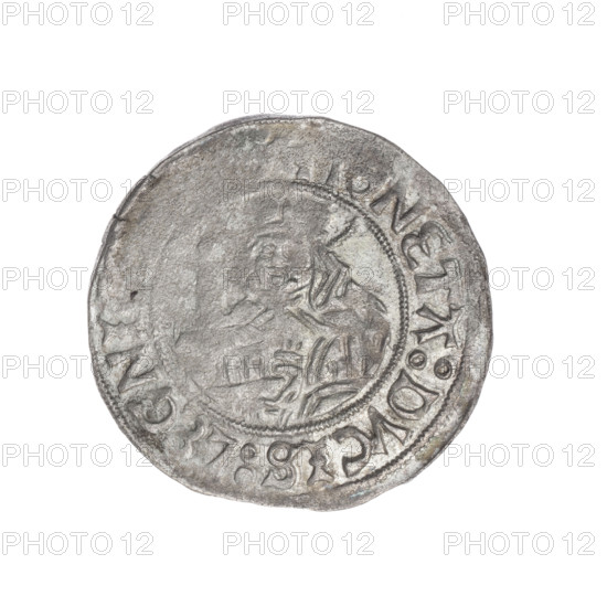 Frederick II (Duke of Brzeg-Legnica; 1480–1547); Jadwiga of Silesia (Saint; 1174–1243); Silesian eagle (iconographic); models of churches; Av. Silesian Eagle; rim between pearl borders with inscription '+ ICVS:D:G:DVX:SLESI'; Rv. half-figure of Saint Jadwiga holding image of a church; rim between pearl borders with inscription 'ONETA:DVCIS:LEGNI'; dated 1505–1547; Silesia, Duchy of Brzeg-Legnica-Wolów, Legnica; coin; diameter 25.0 mm (other measurement 24.4 mm); weight 2.06 g; axis 320°.