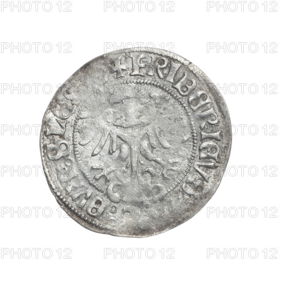 Frederick II (Duke of Brzeg-Legnica; 1480–1547), Jadwiga of Silesia (Saint; 1174–1243), eagles; Silesian eagle (iconographic). Av. Silesian eagle; in the rim between the pearl borders the inscription +FRIDERICVS,:DVX:SLE. Rv. Half-figure of Saint Jadwiga holding the image of a church; in the rim between the pearl borders the inscription +:MONETA,VCIS:LEIGNIC. Date range 1505–1547. Silesia, Duchy of Brzeg-Legnica-Wolów, Legnica. Coin; diameter 26.0 mm and 25.0 mm, weight 1.84 g, axis 50°.