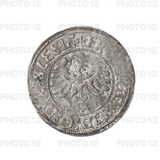 Frederick II (Duke of Brzeg-Legnica; 1480–1547). Av. Silesian eagle; in the rim between the pearl borders the inscription +FR, ICVS:D:G:DVX:SLESIE. Rv. Half-figure of Saint Jadwiga of Silesia (Saint; 1174–1243) with the image of a church; in the rim between the pearl borders the inscription +MON:DVCIS:LEGNICENSIS. Date range 1505–1547. Region: Silesia, Duchy of Brzeg-Legnica-Wolów, Legnica. Coin; diameter 26.0 mm (25.4 mm), weight 1.92 g, axis 200°. Maker: Szymonski, Jan (1887–1954) noted for models of churches.