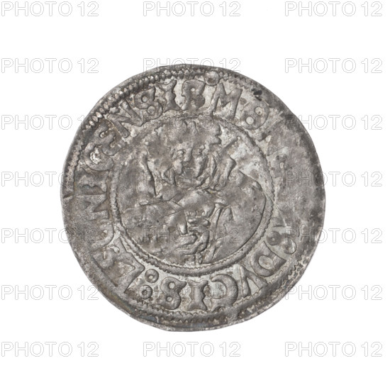 Frederick II (Duke of Brzeg-Legnica; 1480–1547); Jadwiga of Silesia (Saint; 1174–1243); Silesian eagle (iconographic). Coin, diameter 26.0 mm (25.4 mm), weight 1.92 g, axis 200°. Obverse: Silesian eagle; in rim between pearl borders the inscription '+FR, ICVS:D:G:DVX:SLESIE' (Av.). Reverse: Half-figure of Saint Jadwiga holding an image/model of a church; in rim between pearl borders the inscription '+MON:DVCIS:LEGNICENSIS'. Date range 1505–1547. Silesia, Duchy of Brzeg-Legnica-Wolów, Legnica. Maker: Jan Szymonski (1887–1954) noted in association with models of churches.