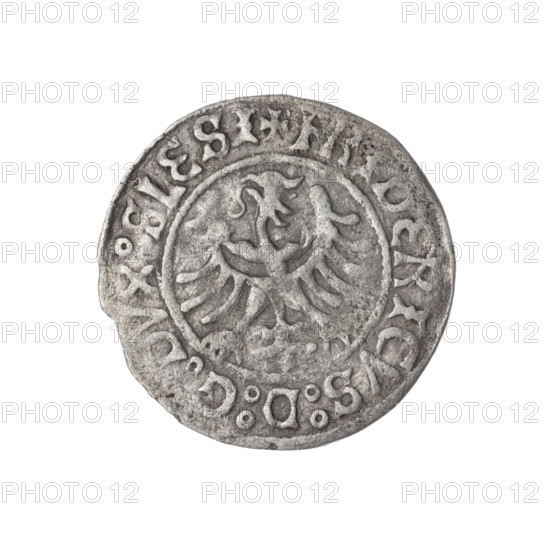 Frederick II (Duke of Brzeg-Legnica; 1480–1547) and Saint Jadwiga of Silesia (1174–1243) depicted; obverse: Silesian eagle, in the rim between the pearl borders the inscription '+FRIDERICVS:D:G:DVX:SLESI'; reverse: half-figure of Saint Jadwiga holding an image of a church, in the rim between the pearl borders the inscription '+MONETA:DVCIS:LEGNICENS'; dated 1505–1547; Silesia, Duchy of Brzeg-Legnica-Wolów, Legnica; coin; diameter 24.7 mm; weight 1.79 g; axis 45°.