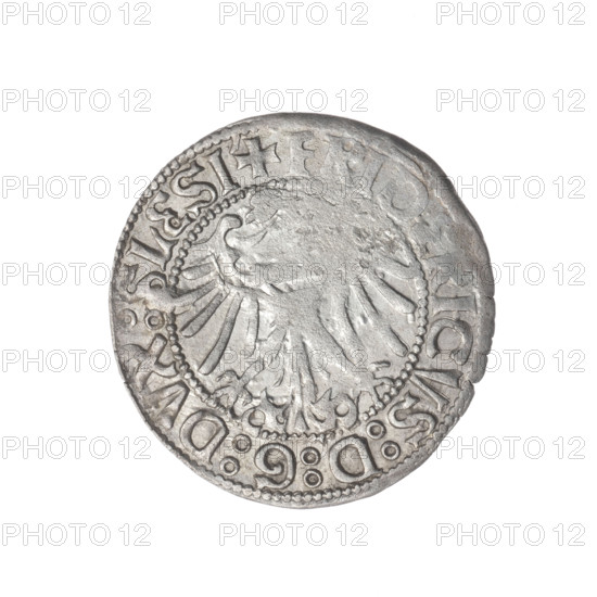 Obverse: Half-figure of Frederick II (Duke of Brzeg-Legnica; 1480–1547) with Silesian eagle (iconographic); in the rim between the pearl borders the inscription +FRIDERICVS:D:G:DVX:SLESI. Reverse: Half-figure of Saint Jadwiga of Silesia (Saint; 1174–1243) holding an image of a church; in the rim between the pearl borders the inscription +MONETA:DVCIS:LEGNICZEN. Date range: 1505–1547. Place: Silesia, Duchy of Brzeg-Legnica-Wolów, Legnica. Object: coin; diameter 25.0 mm (24.3 mm), weight 2.11 g, axis 300°.