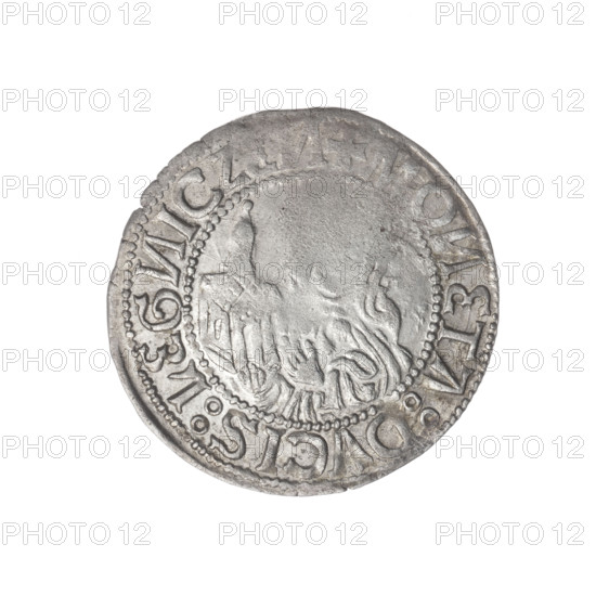 Obverse: Half-figure of Frederick II (Duke of Brzeg-Legnica; 1480–1547), Silesian eagle (iconographic), in the rim between the pearl borders the inscription +FRIDERICVS:D:G:DVX:SLESI. Reverse: Half-figure of Saint Jadwiga of Silesia (Saint; 1174–1243) holding the image of a church, in the rim between the pearl borders the inscription +MONETA:DVCIS:LEGNICZEN. Date range: 1505–1547. Place: Silesia, Duchy of Brzeg-Legnica-Wolów, Legnica. Object: coin. Diameter: 25.0 mm / 24.3 mm. Weight: 2.11 g. Axis: 300°.