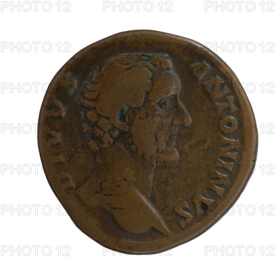 Sestertius, posthumous issue after Antoninus Pius (86–161; Roman emperor 138–161), issued under Lucius Verus (130–169; Roman emperor 161–169) and Marcus Aurelius (121–180; Roman emperor 161–180). Obverse: Head of Antoninus Pius bare, facing right, inscription DIVVS ANTONINVS. Reverse: Funeral pyre with four tiers, decorated with garlands and statues; atop a quadriga carried by the emperor, inscription CONSECRATIO, in exergue SC. After 161, Roman Empire, Rome. Coin; bronze; diameter 30–31 mm; weight 23.15 g; axis 0°.