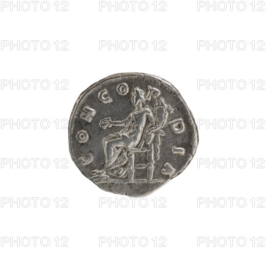 Denarius of Lucilla (149–182), issued under Lucius Verus (130–169), Roman Empire, Rome, 164–169. Obverse: bust of Lucilla in drapery to the right, inscription LVCILLA · AVGVSTA. Reverse: Concordia seated on a throne to the left, holding a patera in her right hand and a cornucopia in her left, inscription CONCO·R·DIA. Bronze/metal coin, diameter 19.0 mm, weight 3.30 g, axis 15°.