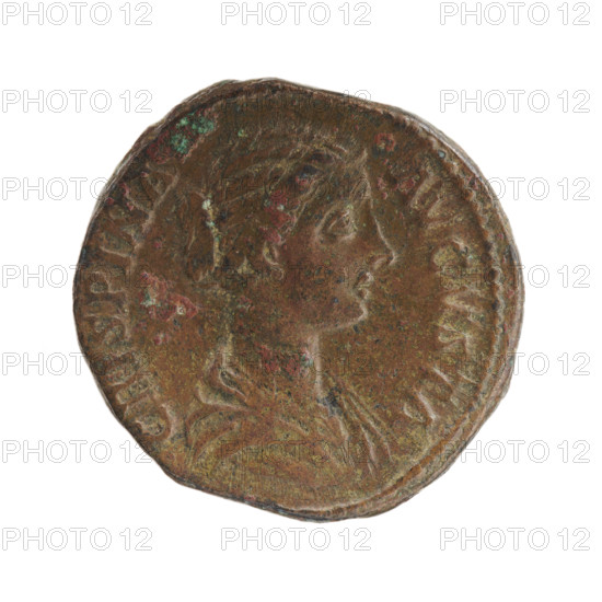Sestertius of Commodus and Crispina, 178–183 CE. Obverse: Bust of Crispina in drapery to the right, legend 'CRISPINA AVGVSTA' around. Reverse: Salus seated left, holding a patera in her right hand feeding a snake coiled around an altar, left hand on the seat back; legend 'SALVS' around, control letters 'S C' in fields. Roman Empire, Rome. Coin: bronze; weight 22.88 g; diameters 28.0–29.5 mm; axis 180°.