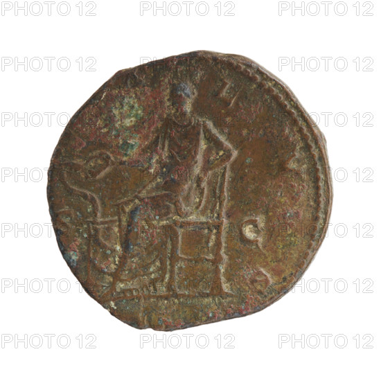 sestertius; issuer: Commodus (161–192, Roman emperor 177–192); portrait: Crispina (164–192?, Roman empress 178–192) — Bust of Crispina in drapery to the right, legend 'CRISPINA - AVGVSTA' around; reverse: Salus seated left, holding a patera in her right hand feeding a snake coiled around an altar, left hand on the seat’s backrest, legend 'SALVS' around, control marks 'S - C' in fields; dated 178–183, Roman Empire (27 BC–476), Rome; coin; diameter ~28–29.5 mm; weight 22.88 g; axis 180°.