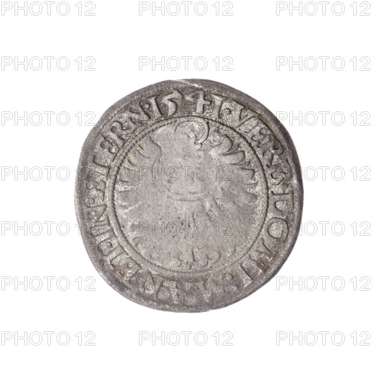 Obv. Male bust turned right with beard and sideburns, in a coat with a wide collar, in the rim between the pearly borders the inscription +FRIDERI.DGDVX.SLESI.LEG.BRE. Reverse: Silesian eagle, in the rim between the pearly borders the inscription VERB.DOMI:MANET.IN.ETERN.I54I. 1541. Maker: Michael Stoltz (fl. ca. 1540–1555). Subject/motif: Frederick II, Duke of Brzeg-Legnica (1480–1547); Piast dynasty; portrait/bust of the ruler. Type: coin. Material: grosz. Place: Silesia, Duchy of Brzeg-Legnica-Wolów, Legnica. Diameter 23.6 mm; weight 2.13 g; axis 0°.