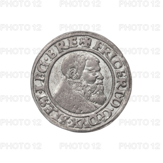 Obverse: Male bust turned right, with a beard and sideburns, in a coat with a wide collar; in the rim between the pearly borders the inscription '+FRIDERI.DGDVX.SLESI.LEG.BRE'. Reverse: Silesian eagle; in the rim between the pearly borders the inscription 'VERB.DOMI:MANET.IN.ETERN.I54Z.' Subject: Frederick II (Duke of Brzeg-Legnica; 1480–1547). Iconography: portraits, busts of the ruler, eagles, Silesian eagle, Piasts (family). Date: 1542. Place: Silesia, Duchy of Brzeg-Legnica-Wolów, Legnica. Object: coin. Diameter: 23.7 mm. Weight: 1.99 g. Axis: 140°. Maker: grosz; Stoltz, Michael (fl. ca. 1540–1555).