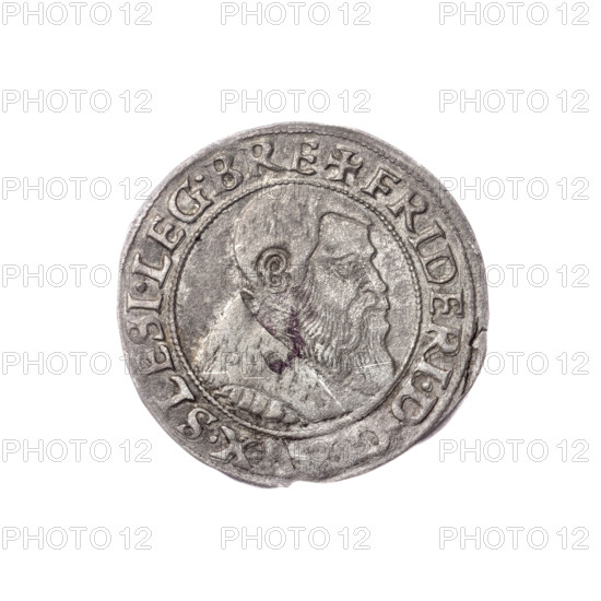 Obv. Male bust turned right with beard and sideburns, in a coat with a wide collar; in the rim between the pearly borders the inscription '+FRIDERI.D., VX.SLESI.LEG.BRE'. Rv. Silesian eagle; in the rim between the pearly borders the inscription 'VER, DOMI:MANET.IN.ETERN.I54Z.' 1542. Michael Stoltz (fl. ca. 1540–1555); Frederick II (Duke of Brzeg-Legnica; 1480–1547) — iconography includes Frederick II, Silesian eagle, Piast family. Busts, portraits of rulers; bust of the ruler turned to the right. Silesia, Duchy of Brzeg-Legnica-Wolów, Legnica. Coin, diameter 23.7 mm, weight 1.91 g, axis 110°.