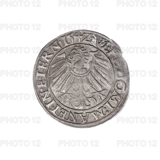 grosz, Stoltz, Michael (fl. ca. 1540-1555), Frederick II (Duke of Brzeg-Legnica; 1480-1547), eagles, Frederick II (Duke of Brzeg-Legnica; 1480-1547) - iconography, Silesian eagle, Piasts (family), busts, portraits of rulers, portraits, busts of the ruler, busts of the ruler to the right, Obv. Male bust turned right with beard and sideburns, in a coat with a wide collar, in the rim between the pearly borders the inscription +FRIDERI.D., VX.SLESI.LEG.BRE Rw. Silesian Eagle, in the rim between the pearly borders the inscription VER, DOMI:MANET.IN.ETERN.I54Z., 1542, Silesia, Duchy of Brzeg-Legnica-Wolów, Legnica, coin, diameter 23.7 mm, weight 1.91 g, axis 110 degrees