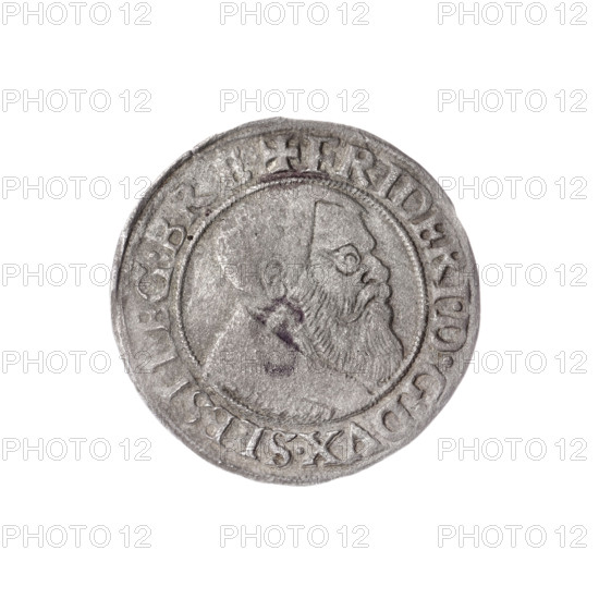 Obv. Male bust turned right with beard and sideburns, in a coat with a wide collar; in the rim between the pearly borders the inscription +FRIDERI.DGDVX.SLESI.LEG.BRE. Reverse: Silesian eagle; in the rim between the pearly borders the inscription VERB.DOMI:MANET.IN.ETERN.I54Z. 1542. Maker: Michael Stoltz (fl. ca. 1540–1555). Subject: Frederick II, Duke of Brzeg–Legnica (1480–1547); Piast dynasty iconography; busts/portraits of rulers; Silesian eagle. Silesia, Duchy of Brzeg–Legnica–Wolów, Legnica. Coin; diameter 23.4 mm; weight 1.64 g; axis 315°.