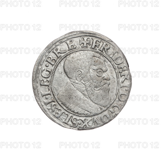 Obverse: Male bust turned right, with a beard and sideburns, wearing a coat with a wide collar; in the rim between pearly borders the inscription '+FRIDERI.DGDVX.SLESI.LEG.BRE'. Reverse: Silesian eagle; in the rim between pearly borders the inscription 'VERB.DOMI:MANET.IN.ETERN.I54Z.' Maker: Michael Stoltz (fl. ca. 1540–1555). Subject: Frederick II, Duke of Brzeg-Legnica (1480–1547); Piast/Silesian eagle iconography; bust/portrait of ruler. Date: 1542. Place: Silesia, Duchy of Brzeg-Legnica-Wolów, Legnica. Object: coin; diameter 23.1 mm; weight 1.67 g; axis 45°.