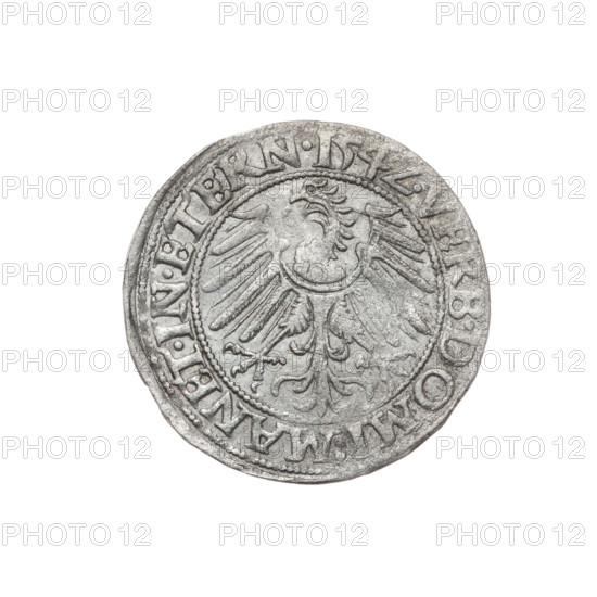 Obverse: Male bust turned right, with a beard and sideburns, wearing a coat with a wide collar; in the rim between pearly borders the inscription '+FRIDERI.DGDVX.SLESI.LEG.BRE'. Reverse: Silesian eagle; in the rim between pearly borders the inscription 'VERB.DOMI:MANET.IN.ETERN.I54Z.' Coin dated 1542. Maker: Michael Grosz (fl. ca. 1540–1555). Subject: Frederick II, Duke of Brzeg-Legnica (1480–1547) — bust/portrait of a ruler; iconography includes eagles and Piast family/Silesian eagle. Coin; diameter 23.1 mm; weight 1.67 g; axis 45°. Region: Silesia, Duchy of Brzeg-Legnica-Wolów, Legnica.