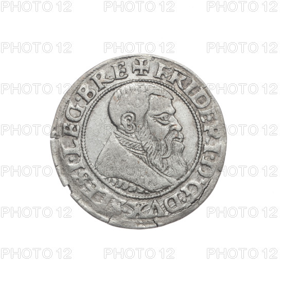 Obverse: Male bust turned right, with a beard and sideburns, in a coat with a wide collar; in the rim between pearly borders the inscription '+FRIDERI.DGDVX.SLESI.LEG.BRE'. Reverse: Silesian eagle; in the rim between pearly borders the inscription 'VERB.DOMI:MANET.IN.ETERN.I54Z.' Maker: Michael Stoltz (fl. ca. 1540–1555). Subject: Frederick II, Duke of Brzeg-Legnica (1480–1547) — bust/portrait; Piast iconography. Date: 1542. Place: Silesia, Duchy of Brzeg-Legnica-Wolów, Legnica. Object: coin; diameter 23.5 mm; weight 1.89 g; axis 90°.
