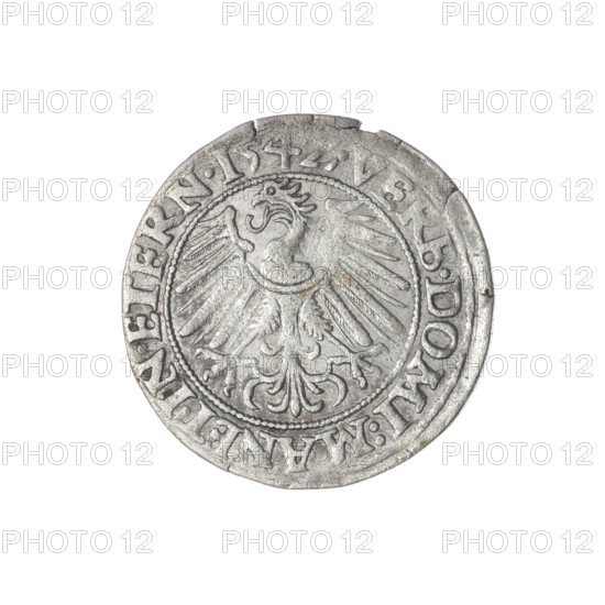 Obverse: Male bust of Frederick II, Duke of Brzeg-Legnica, turned right, with beard and sideburns, wearing a coat with a wide collar; rim between pearly borders inscribed '+FRIDERI.DGDVX.SLESI.LEG.BRE'. Reverse: Silesian eagle; rim between pearly borders inscribed 'VERB.DOMI:MANET.IN.ETERN.I54Z.' Dated 1542. Silver grosz, diameter 23.5 mm, weight 1.89 g, axis 90 degrees. Subjects: Frederick II (Duke of Brzeg-Legnica; 1480–1547), Piast dynasty; iconography includes bust of the ruler and Silesian eagle.
