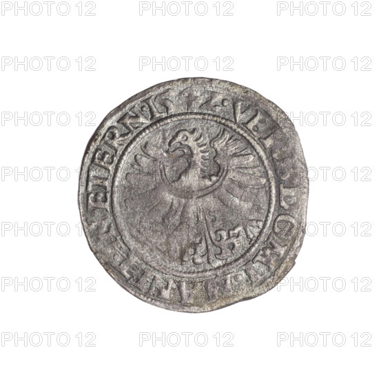 Obverse: Male bust turned right, with a beard and sideburns, in a coat with a wide collar; in the rim between pearly borders the inscription + RIDERI.DGDVX.SLESI.LEG.BRE. Reverse: Silesian eagle; in the rim between pearly borders the inscription VE.DOMI:MANET.IN.ETERN.I54Z. Inscribed date 1542. Maker: Michael Stoltz (fl. ca. 1540–1555). Depicts Frederick II (Duke of Brzeg-Legnica; 1480–1547) — Piast dynasty. Iconography: busts/portraits of the ruler, Silesian eagle. Coin; Duchy of Brzeg-Legnica-Wolów (Legnica), Silesia. Diameter 23.8 mm; weight 1.78 g; axis 270°.