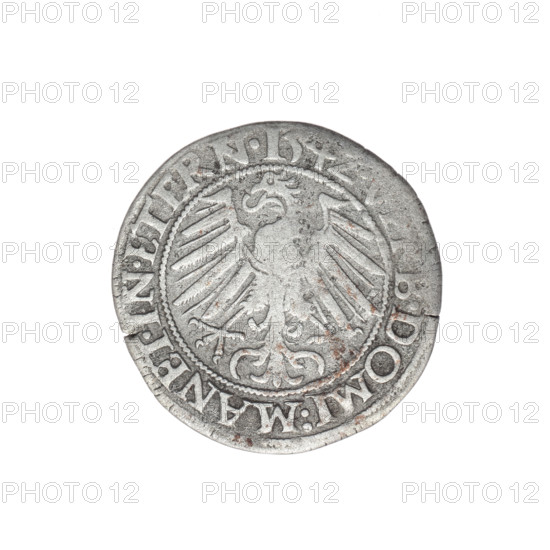 Obverse: Male bust turned right, with a beard and sideburns, wearing a coat with a wide collar; in the rim between pearly borders the inscription '+FRIDERI.DGDVX.SLES.LEG.BRE'. Reverse: Silesian eagle; in the rim between pearly borders the inscription '.DOMI:MANET.IN.ETERN.I54Z.' Date: 1542. Maker: Michael Stoltz (fl. ca. 1540–1555). Subject/motif: Frederick II (Duke of Brzeg–Legnica; 1480–1547), Piast dynasty. Type/function: coin. Place: Silesia, Duchy of Brzeg–Legnica–Wolów, Legnica. Dimensions: diameter 23.0 mm; weight 1.84 g; axis 200°.