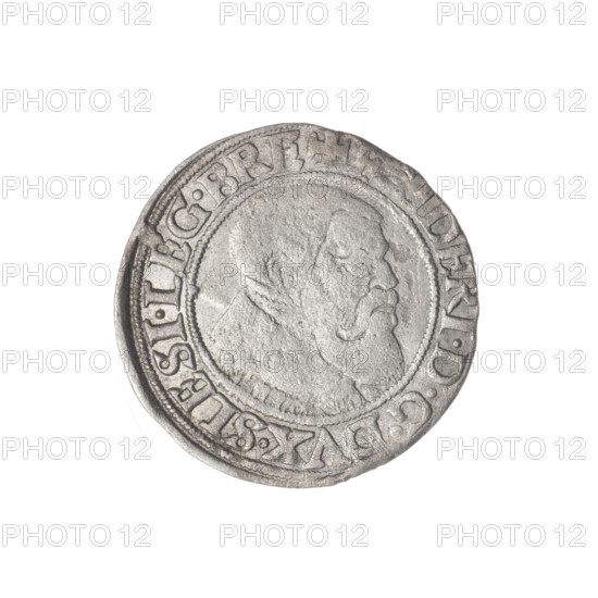 Obverse: Male bust turned right, with a beard and sideburns, in a coat with a wide collar; in the rim between the pearly borders the inscription '+ DERI.DGDVX.SLESI.LEG.BRE'. Reverse: Silesian eagle; in the rim between the pearly borders the inscription 'VERB.DOMI:MANET.IN.ETERN.I54Z.' Date: 1542. Maker: Michael Stoltz (fl. ca. 1540–1555). Subject/iconography: Frederick II, Duke of Brzeg-Legnica (1480–1547); Piast dynasty; busts and portraits of the ruler; Silesian eagle. Place: Silesia, Duchy of Brzeg-Legnica-Wolów, Legnica. Object: coin; diameter 23.0 mm; weight 1.83 g; axis 0°.