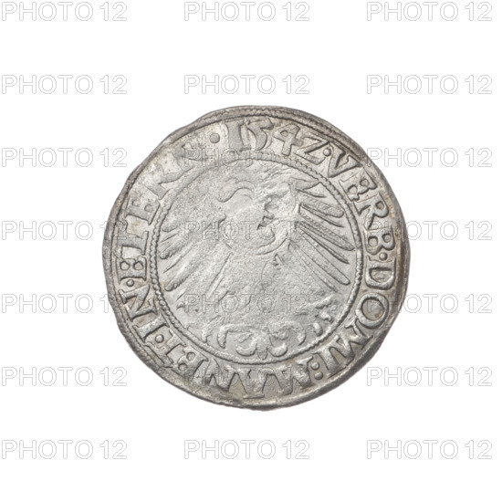 Obverse: Male bust turned right, with a beard and sideburns, in a coat with a wide collar; in the rim between pearly borders the inscription 'DERI.DGDVX.SLESI.LEG.BRE'. Reverse: Silesian eagle; in the rim between pearly borders the inscription 'VERB.DOMI:MANET.IN.ETERN.I54Z.' Minted 1542. Maker: Michael Stoltz (fl. ca. 1540–1555). Subject: Frederick II, Duke of Brzeg-Legnica (1480–1547) — portrait/bust; Piast dynasty iconography. Silesian Duchy of Brzeg-Legnica-Wolów, Legnica. Coin, diameter 23.0 mm, weight 1.83 g, axis 0°.