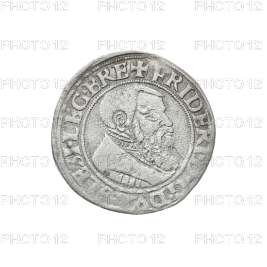 Male bust turned right, with a beard and sideburns, in a coat with a wide collar. Obverse rim between pearly borders inscribed +FRIDERI, G.DV, ESI.LEG.BRE; reverse rim between pearly borders inscribed VERB.DOMI:MANET.IN.ETERN.I54Z. Obverse: bust of Frederick II (Duke of Brzeg-Legnica; 1480–1547). Reverse: Silesian eagle. Iconography: Piasts, busts/portraits of rulers. Maker: Michael Stoltz (fl. ca. 1540–1555). Date: 1542. Region: Silesia, Duchy of Brzeg-Legnica-Wolów, Legnica. Object: coin. Diameter 23.4 mm; weight 1.77 g; axis 270°.