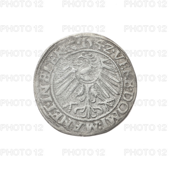 Obverse: Male bust turned right, with a beard and sideburns, wearing a coat with a wide collar; in the rim between pearly borders the inscription '+FRIDERI, G.DV, ESI.LEG.BRE'. Reverse: Silesian eagle; in the rim between pearly borders the inscription 'VERB.DOMI:MANET.IN.ETERN.I54Z.' Coin dated 1542. Maker: Michael Stoltz (fl. ca. 1540–1555). Subject: Frederick II, Duke of Brzeg-Legnica (1480–1547); Piast iconography, bust/portrait of the ruler. Medium: coin; diameter 23.4 mm, weight 1.77 g, axis 270°. Location: Silesia, Duchy of Brzeg-Legnica-Wolów, Legnica.
