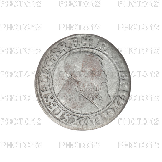 grosz; Stoltz, Michael (fl. ca. 1540–1555); Frederick II, Duke of Brzeg-Legnica (1480–1547); Silesian eagle; Piasts (family); eagles; busts; Frederick II — iconography; busts of the ruler; portraits; bust of the ruler turned right: male bust turned right, with a beard and sideburns, in a coat with a wide collar; obverse rim between pearly borders inscription '+F, ERI.DGDVX.SLESI.LEG.BRE'; reverse Silesian eagle; reverse rim between pearly borders inscription 'VERB.DOMI:MANET.IN.ETERN.I54Z.'; 1542; Silesia, Duchy of Brzeg-Legnica-Wolów, Legnica; coin; diameter 22.7 mm; weight 1.59 g; axis 0°