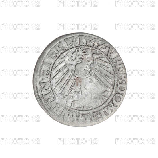 Grosz, Stoltz, Michael (fl. ca. 1540–1555). Obverse: Male bust turned right, with a beard and sideburns, in a coat with a wide collar; in the rim between the pearly borders the inscription '+F. ERI.DGDVX.SLESI.LEG.BRE'. Reverse: Silesian eagle; in the rim between the pearly borders the inscription 'VERB.DOMI:MANET.IN.ETERN.1542.' Subject: Frederick II (Duke of Brzeg-Legnica; 1480–1547) — busts, portraits of rulers, Piasts heraldry. Date: 1542. Place: Silesia, Duchy of Brzeg-Legnica-Wolów, Legnica. Object: coin. Diameter: 22.7 mm. Weight: 1.59 g. Axis: 0°.
