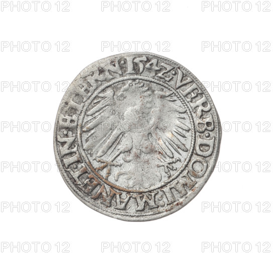 Obverse: Male bust turned right, with a beard and sideburns, in a coat with a wide collar; in the rim between pearly borders the inscription '+FRIDERI.DGDVX.SLESI.LEG.BRE'. Reverse: Silesian eagle; in the rim between pearly borders the inscription 'VERB.DOMI:MANET.IN.ETERN.I54Z.' Subject: Frederick II (Duke of Brzeg-Legnica; 1480–1547). Maker: Michael Stoltz (fl. ca. 1540–1555). Iconography: Piast dynasty; portraits and busts of the ruler. Date: 1542. Place: Silesia, Duchy of Brzeg-Legnica-Wolów, Legnica. Object: coin. Diameter: 23.2 mm. Weight: 1.80 g. Axis: 340°.