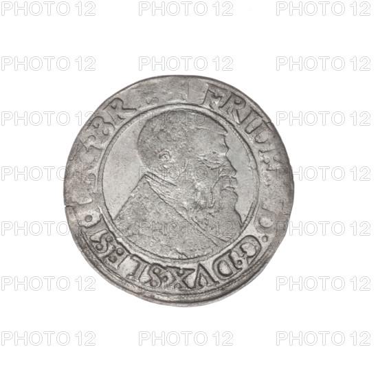 Obverse: Male bust turned right, with a beard and sideburns, wearing a coat with a wide collar; in the rim between pearly borders the inscription 'FRID, DGDVX.SLESI., .BR'. Reverse: Silesian eagle; in the rim between pearly borders the inscription 'VE, .DOMI:MANET.I, ERN.I54Z.' Minted 1542. Artist: Michael Stoltz (fl. ca. 1540–1555). Subject: Frederick II, Duke of Brzeg–Legnica (1480–1547) — portrait/bust of the ruler. Materials/format: coin; diameter 23.2 mm; weight 1.97 g; axis 0°. Iconography: Silesian eagle; Piast dynasty.