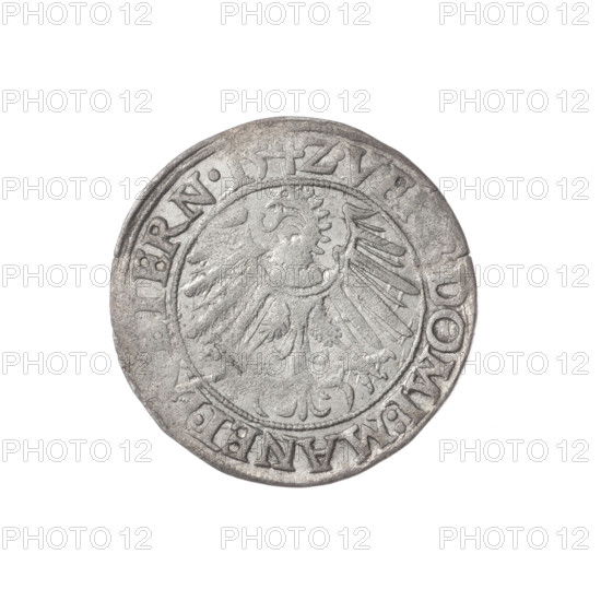 Obverse: Male bust turned right, with a beard and sideburns, in a coat with a wide collar; in the rim between the pearly borders the inscription 'FRID, DGDVX.SLESI., .BR'. Reverse: Silesian eagle; in the rim between the pearly borders the inscription 'VE, .DOMI:MANET.I, ERN.I54Z.' Maker: grosz, Stoltz, Michael (fl. ca. 1540–1555). Subject: Frederick II (Duke of Brzeg-Legnica; 1480–1547) — portrait/bust of the ruler; iconography includes Piasts family and Silesian eagle. Date: 1542. Place: Silesia, Duchy of Brzeg-Legnica-Wolów, Legnica. Object: coin. Diameter: 23.2 mm. Weight: 1.97 g. Axis: 0°.