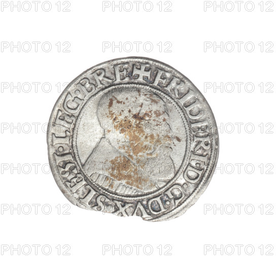 Obverse: Male bust turned right, with a beard and sideburns, in a coat with a wide collar; in the rim between pearly borders the inscription '+FRIDERI.DGDVX.SLESI.LEG.BRE'. Reverse: Silesian eagle; in the rim between pearly borders the inscription 'VERB.DOMI:MANET.IN.ETERN.I54Z.' Date: 1542. Maker: Michael Stoltz (fl. ca. 1540–1555). Subject: Frederick II, Duke of Brzeg-Legnica (1480–1547); portrait/bust of the ruler; iconography includes eagles and Piast family. Place: Silesia, Duchy of Brzeg-Legnica-Wolów, Legnica. Object: coin. Diameter (obverse) 23.3 mm, diameter (reverse) 21.7 mm, weight 1.41 g, axis 220°.