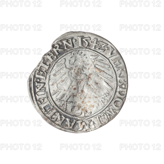 Maker: Stoltz, Michael (fl. ca. 1540–1555).  WQXBCFS
I:\nmw crop ready cleaned\Subject: Frederick II, Duke of Brzeg-Legnica (1480–1547).  WQXBCFS
I:\nmw crop ready cleaned\Type: coin (bust portrait, Silesian eagle).  WQXBCFS
I:\nmw crop ready cleaned\Obverse: male bust turned right, with beard and sideburns, in a coat with a wide collar; rim inscription +FRIDERI.DGDVX.SLESI.LEG.BRE.  WQXBCFS
I:\nmw crop ready cleaned\Reverse: Silesian eagle; rim inscription VERB.DOMI:MANET.IN.ETERN.I54Z.  WQXBCFS
I:\nmw crop ready cleaned\Date: 1542.  WQXBCFS
I:\nmw crop ready cleaned\Place: Silesia, Duchy of Brzeg-Legnica-Wolów (Legnica).  WQXBCFS
I:\nmw crop ready cleaned\Dimensions: diameter 23.3 mm and 21.7 mm, weight 1.41 g, axis 220°.  WQXBCFS
I:\nmw crop ready cleaned\Iconography/notes: Piast dynasty; portraits of rulers; busts of the ruler.