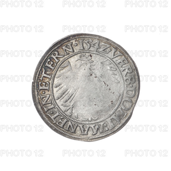 Male bust turned right, with a beard and sideburns, in a coat with a wide collar; obverse rim between pearly borders inscribed '+FRIDERI.DGDVX.SLESI.LEG.BRE'; reverse Silesian eagle; reverse rim between pearly borders inscribed 'VERB.DOMI:MANET.IN.ETERN.I54Z.' Maker: Michael Stoltz (fl. ca. 1540–1555). Subject: Frederick II, Duke of Brzeg-Legnica (1480–1547); Piast dynasty iconography, eagles, portraits of rulers, busts of the ruler. Date: 1542. Silesia, Duchy of Brzeg-Legnica-Wolów, Legnica. Coin; diameter 24.0 mm; weight 2.26 g; axis 180°.