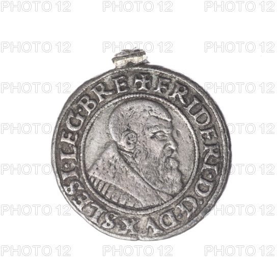 Piedfort grosz, Michael Stoltz (fl. ca. 1540–1555). Obverse: male bust turned right with beard and sideburns, wearing a coat with a wide collar; in the rim between pearly borders the inscription +FRIDERI.DGDVX.SLESI.LEG.BRE. Reverse: Silesian eagle; in the rim between pearly borders the inscription VERB.DOMI:MANET.IN.ETERN.I54Z. Date: 1542. Region: Silesia, Duchy of Brzeg-Legnica-Wolów (Legnica). Subject: Frederick II (Duke of Brzeg-Legnica; 1480–1547). Iconography: eagles, Silesian eagle, Piast dynasty; busts/portraits of the ruler. Type: coin (piedfort grosz). Diameter: 24.5 mm. Weight: 12.07 g. Axis: 0°. Rarity: R8.