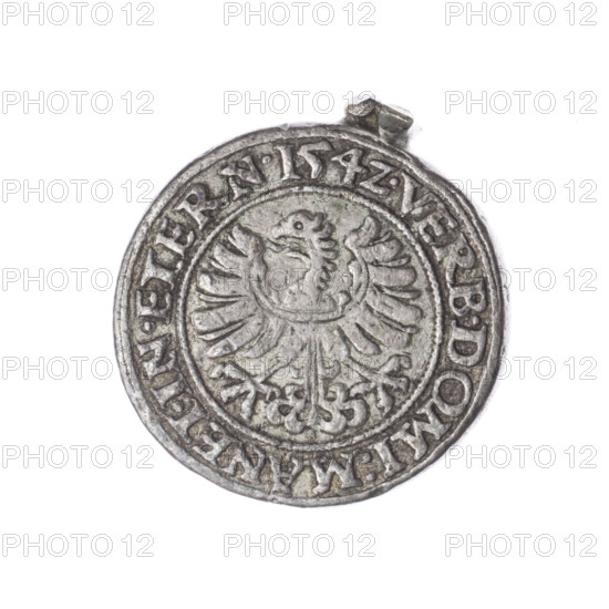 Piedfort grosz by Michael Stoltz (fl. ca. 1540–1555) depicting Frederick II, Duke of Brzeg-Legnica (1480–1547). Obverse: male bust turned right, with beard and sideburns, in a coat with a wide collar; rim inscription +FRIDERI.DGDVX.SLESI.LEG.BRE. Reverse: Silesian eagle; rim inscription VERB.DOMI:MANET.IN.ETERN.I54Z. Dated 1542. Iconography: eagles, Silesian eagle, Piast dynasty; portraits/busts of the ruler; piedfort. Rarity: R8. Provenance noted. Mint region: Silesia, Duchy of Brzeg-Legnica-Wolów, Legnica. Coin; diameter 24.5 mm; weight 12.07 g; axis 0°.