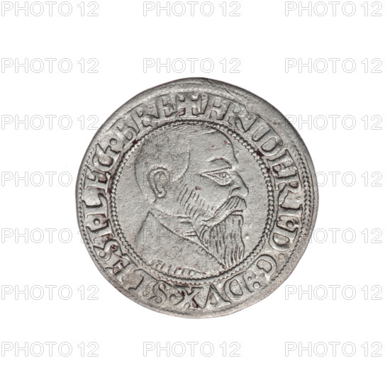 Obverse: Male bust of Frederick II, Duke of Brzeg-Legnica (1480–1547), turned right, with beard and sideburns, wearing a coat with a wide collar; in the rim between pearly borders the inscription “+FRIDERI.DGDVX.SLESI.LEG.BRE”. Reverse: Silesian eagle; in the rim between pearly borders the inscription “VERB.DOMI:MANET.IN.ETERN.” Date: 1543. Region: Silesia, Duchy of Brzeg-Legnica-Wolów (Legnica). Object: coin; diameter 23.5 mm; weight 1.83 g; axis 45°. Maker: Michael Stoltz (fl. ca. 1540–1555). Iconography: Silesian eagle, Piast heraldry, portraits/bust of the ruler.