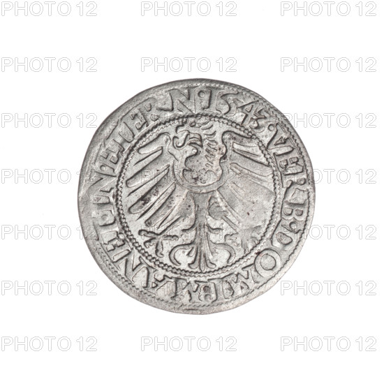 Obverse: Male bust turned right with beard and sideburns, wearing a coat with a wide collar; in the rim between pearly borders the inscription '+FRIDERI.DGDVX.SLESI.LEG.BRE'. Reverse: Silesian eagle; in the rim between pearly borders the inscription 'VERB.DOMI:MANET.IN.ETERN.' Date: 1543. Maker: Stoltz, Michael (fl. ca. 1540–1555). Subject: Frederick II, Duke of Brzeg–Legnica (1480–1547); iconography includes Piasts, eagles, busts/portraits of the ruler. Place: Silesia, Duchy of Brzeg–Legnica–Wolów, Legnica. Object: coin; diameter 23.5 mm; weight 1.83 g; axis 45°.
