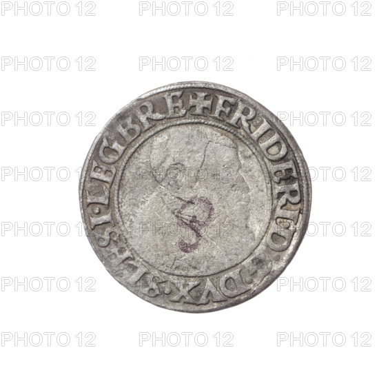 Obv. Male bust turned right with beard and sideburns, in a coat with a wide collar; in the rim between the pearly borders the inscription '+FRIDERI.DGDVX.SLESI.LEG.BRE'. Reverse: Silesian eagle; in the rim between the pearly borders the inscription 'VERB.DOMI:MANET.IN.ETERN.I543.' Dated 1543. Maker: Michael Stoltz (fl. ca. 1540–1555). Subject: Frederick II, Duke of Brzeg-Legnica (1480–1547). Iconography: eagles, Silesian eagle; Piasts (family); bust/portrait of the ruler (bust to the right). Origin: Silesia, Duchy of Brzeg-Legnica-Wolów, Legnica. Coin; diameter 23.1 mm; weight 2.23 g; axis 270°.