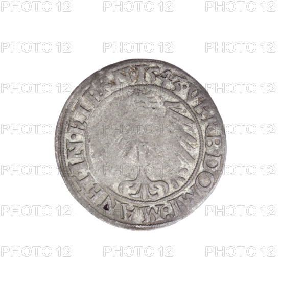Obv. Male bust turned right with beard and sideburns, in a coat with a wide collar; in the rim between the pearly borders the inscription '+FRIDERI.DGDVX.SLESI.LEG.BRE'. Reverse: Silesian eagle; in the rim between the pearly borders the inscription 'VERB.DOMI:MANET.IN.ETERN.I543.' Date: 1543. Maker: Michael Stoltz (fl. ca. 1540–1555). Subject: Frederick II, Duke of Brzeg-Legnica (1480–1547). Iconography: eagles, Silesian eagle; Piast family; bust/portrait of ruler facing right. Object: coin of the Duchy of Brzeg-Legnica-Wolów (Silesia), Legnica. Diameter 23.1 mm, weight 2.23 g, axis 270°.