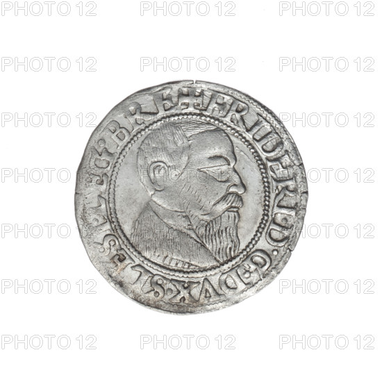 groschen, Stoltz, Michael (fl. ca. 1540–1555), Frederick II (Duke of Brzeg-Legnica; 1480–1547), Silesian eagle, eagles, Piasts (family), Frederick II (Duke of Brzeg-Legnica; 1480–1547) - iconography, busts, busts of the ruler, portraits, busts of the ruler to the right, portraits of rulers, Obv. Male bust turned right with beard and sideburns, in a coat with a wide collar, in the rim between the pearly borders the inscription +FRIDERI.DGDVX.SLESI.LEG.BRE. Reverse. Silesian Eagle, in the rim between the pearly borders the inscription VERB.DOMI:MANET.IN.ETERN. I543. 1543. Silesia, Duchy of Brzeg-Legnica-Wolów, Legnica. Coin, diameter 23.4 mm, weight 2.19 g, axis 60 degrees