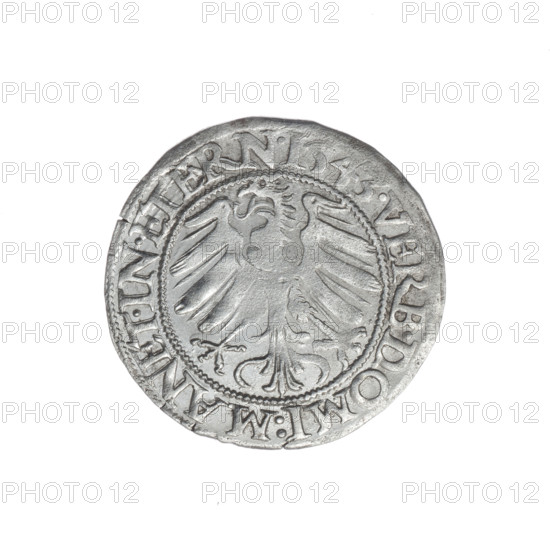 groschen, Stoltz, Michael (fl. ca. 1540-1555), Frederick II (Duke of Brzeg-Legnica; 1480-1547), Silesian eagle, eagles, Piasts (family), Frederick II (Duke of Brzeg-Legnica; 1480-1547) - iconography, busts, busts of the ruler, portraits, busts of the ruler to the right, portraits of rulers, Obv. Male bust turned right with beard and sideburns, in a coat with a wide collar, in the rim between the pearly borders the inscription +FRIDERI.DGDVX.SLESI.LEG.BRE Reverse. Silesian Eagle, in the rim between the pearly borders the inscription VERB.DOMI:MANET.IN.ETERN.I543., 1543, Silesia, Duchy of Brzeg-Legnica-Wolów, Legnica, coin, diameter 23.4 mm, weight 2.19 g, axis 60 degrees