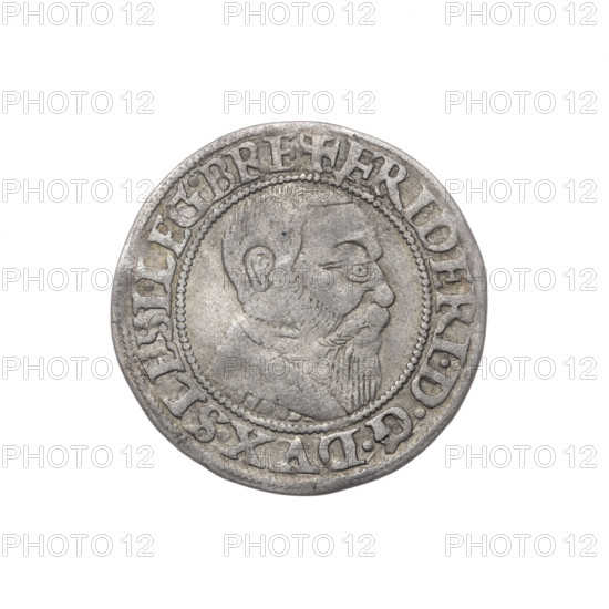 Obverse: Male bust turned right, with a beard and sideburns, in a coat with a wide collar; in the rim between the pearly borders the inscription '+FRIDERI.DGDVX.SLESI.LEG.BRE'. Reverse: Silesian eagle; in the rim between the pearly borders the inscription 'VERB.DOMI:MANET.IN.ETERN.I543.' Maker: Michael Grosz (fl. ca. 1540–1555). Subject: Frederick II, Duke of Brzeg-Legnica (1480–1547); Piast iconography. Date: 1543. Place: Silesia, Duchy of Brzeg-Legnica-Wolów, Legnica. Object: coin; diameter 23.3 mm; weight 1.66 g; axis 210°.