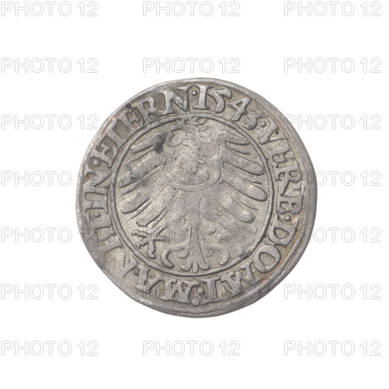 Obverse: Male bust turned right, with a beard and sideburns, wearing a coat with a wide collar; in the rim between pearly borders the inscription '+FRIDERI.DGDVX.SLESI.LEG.BRE'. Reverse: Silesian eagle; in the rim between pearly borders the inscription 'VERB.DOMI:MANET.IN.ETERN.I543.' Maker: Michael Stoltz (fl. ca. 1540–1555). Subject: Frederick II, Duke of Brzeg-Legnica (1480–1547) — portrait/bust of the ruler; iconography includes eagles and Silesian eagle; Piast family. Date: 1543. Place: Silesia, Duchy of Brzeg-Legnica-Wolów, Legnica. Object: coin; diameter 23.3 mm; weight 1.66 g; axis 210°.
